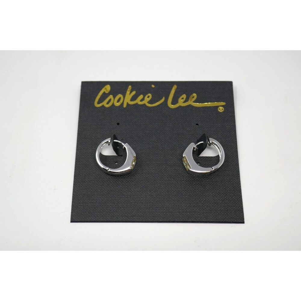 Cookie Lee Genuine Princess Cut CZ Silver Tone Huggie Hoop Earrings NWT
